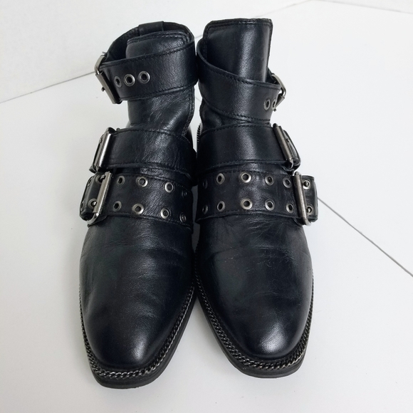 Topshop Sz 37 Women Motorcycle Metal chain stud leather booties - Picture 11 of 12